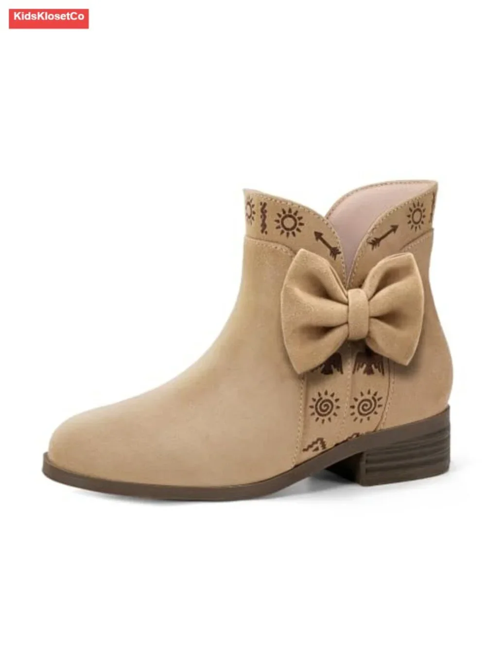 Girls Lambskin Insole Ankle Boots Low Heel Booties Side Bow Slip-On
